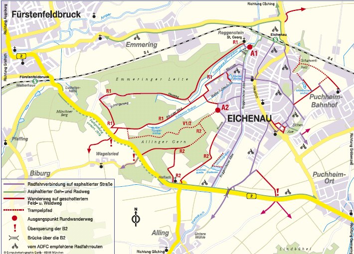 Ortsplan (Faltplan) der Gemeinde Eichenau mit Radwegen